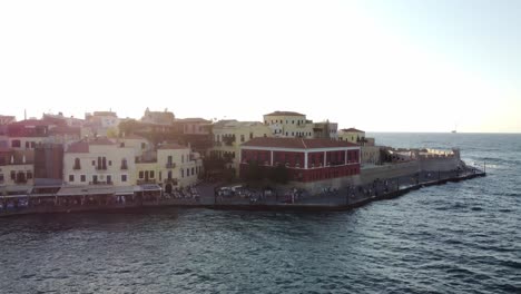 drone shot of city of chania along the coast of island crete, panoraamic view