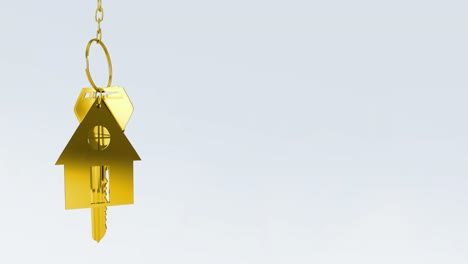 animation of gold key with house keychain on grey background