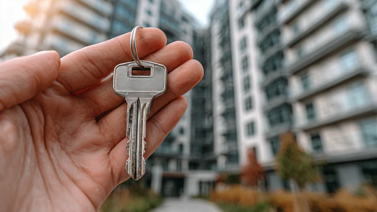 Primo piano di una mano che tiene delle chiavi davanti a un moderno edificio residenziale, a simboleggiare nuovi inizi e opportunità di acquisto di una casa.