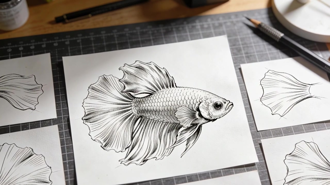 Inizio di uno zoom lento, la telecamera inquadra un disegno di pesce betta quadrato su una scrivania da studio, enfatizzando il calamaio.
