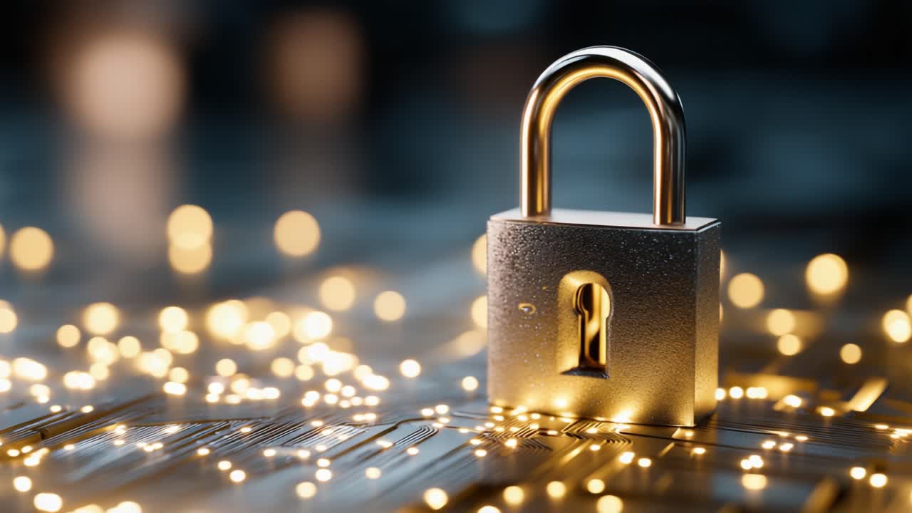 A gleaming padlock resting on a circuit-patterned surface, symbolizing security and protection in the digital age, illuminated by a bright glow that enhances its metallic shine