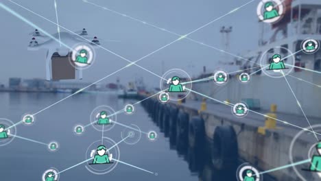 animation of network of connections with icons over drone carrying parcel