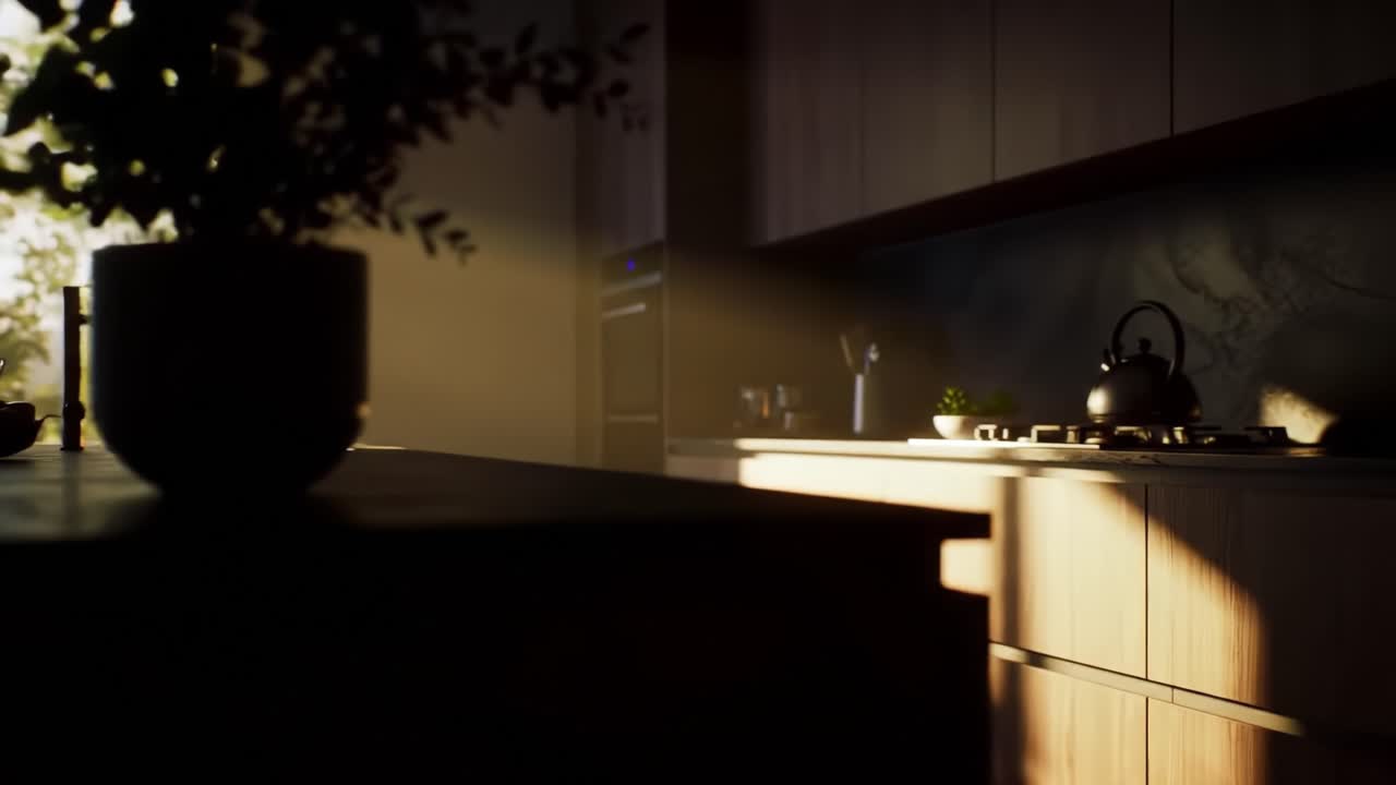 Sunlight pours into a contemporary kitchen in the early morning, casting soft shadows and highlighting the stylish decor. A peaceful atmosphere is created by the interplay of light and dark.