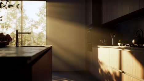 sunlight pours into a contemporary kitchen in the early morning, casting soft shadows and highlighting the stylish decor. a peaceful atmosphere is created by the interplay of light and dark.