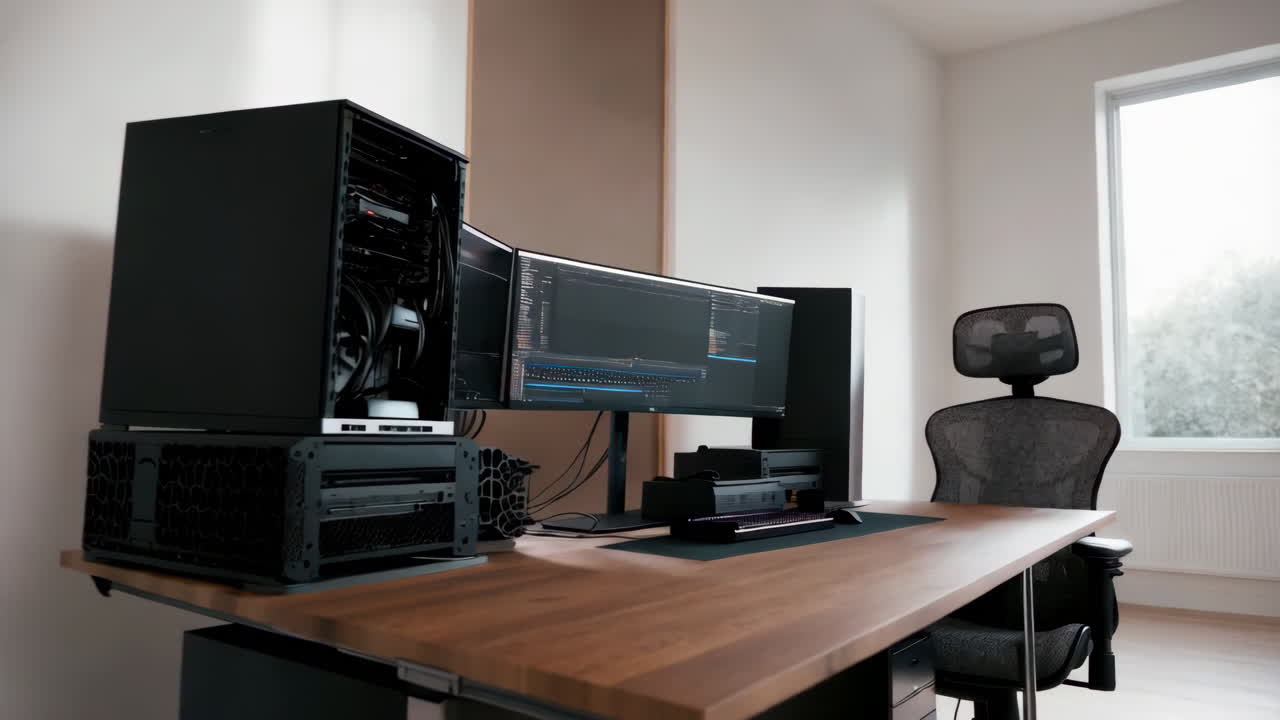 Modern Home Office Setup with Multiple Monitors and Large Desktop PC