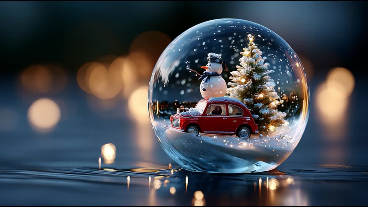 A Magical Winter Scene Captured Within a Snow Globe Featuring a Snowman, Christmas Tree, and a Charming Red Car, All Set Against a Background of Beautifully Blurred Holiday Lights