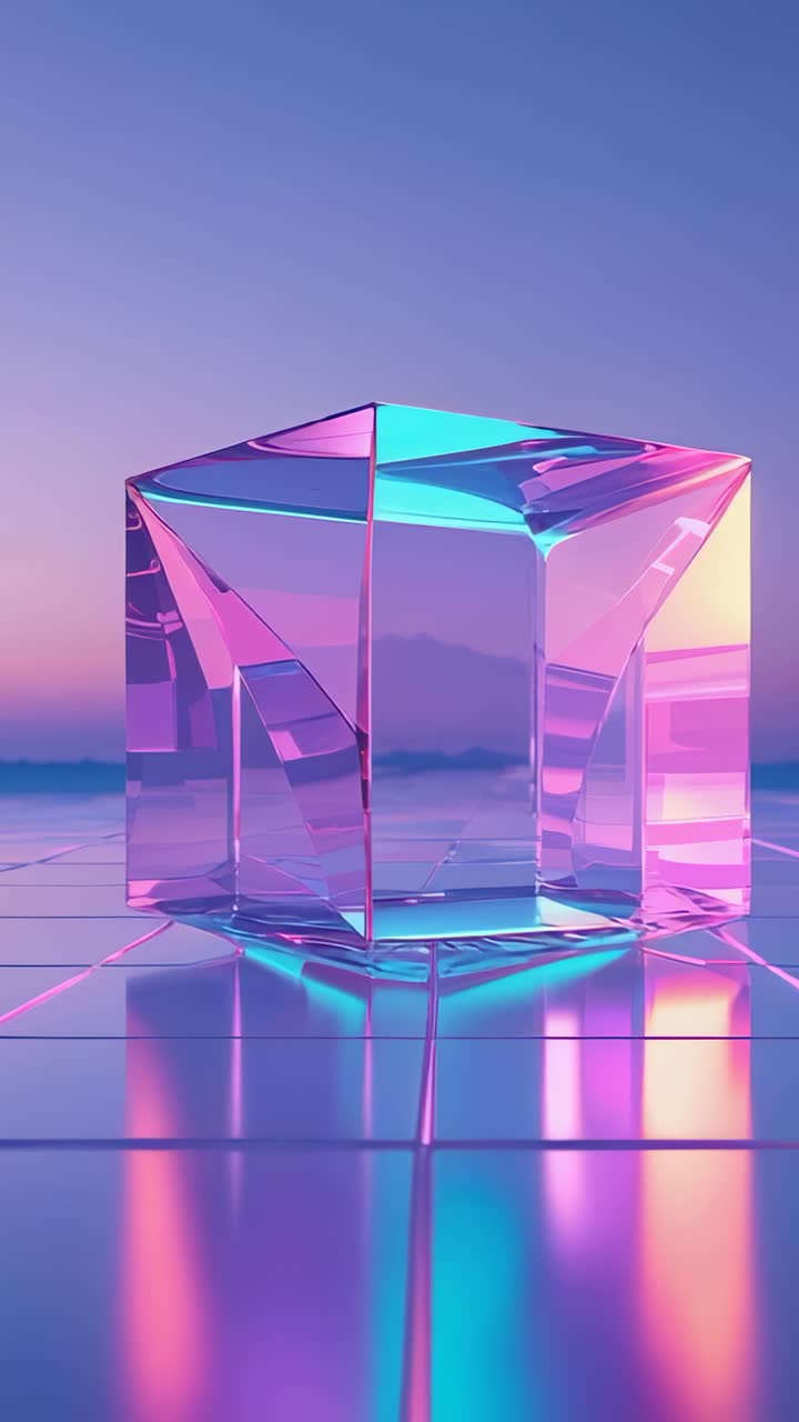 Vertical video: Glass cube refracting magenta and cyan light on grid floor with pastel sky backdrop