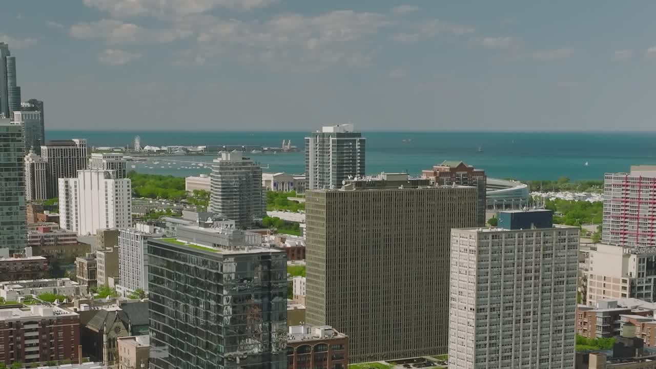 View of Chicago skyline from above with Lake Michigan in the background