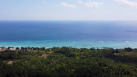 Static-aerial-view-of-remote-tropical-island-with-scenic-tree-covered-coastline-and-turquoise-green-blue-ocean-water