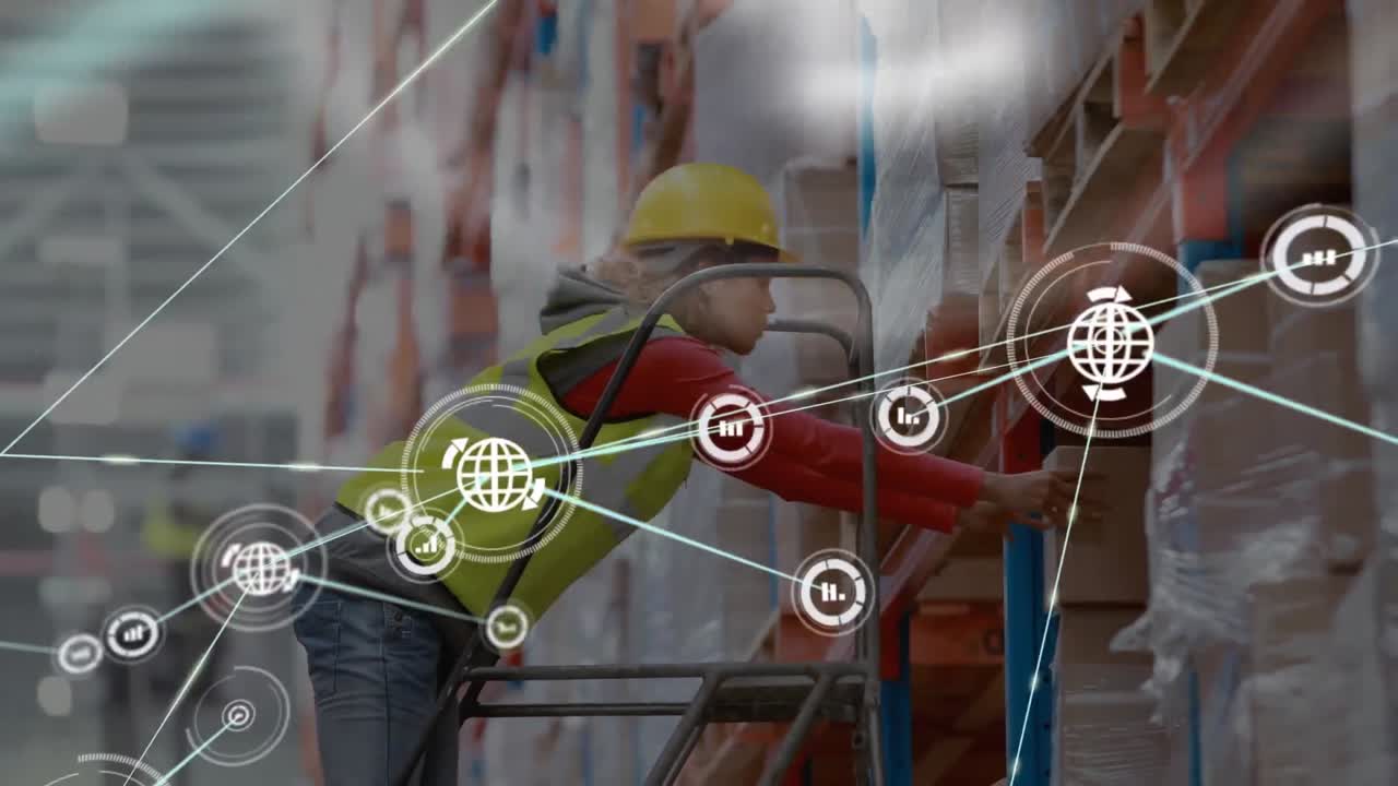 red de iconos digitales contra una trabajadora afroamericana que trabaja en un almacén