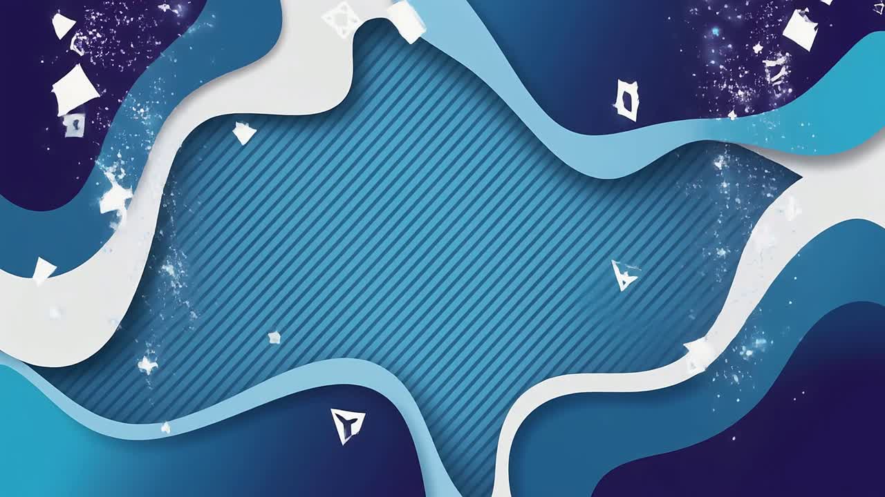 Abstract Blue Wavy Background with Floating Geometric Shapes and Particles
