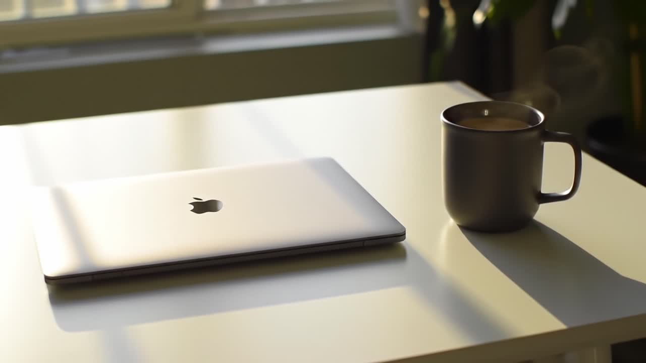 A Serene Morning Workspace: Sunlight Streaming Over a Minimalistic Desk with a Laptop and Coffee Mug, Creating a Warm and Inviting Atmosphere for Productivity