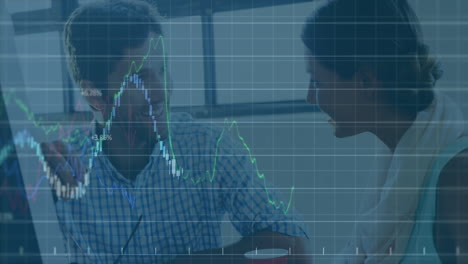 animation of multiple graphs with changing numbers, caucasian coworkers discussing on desk