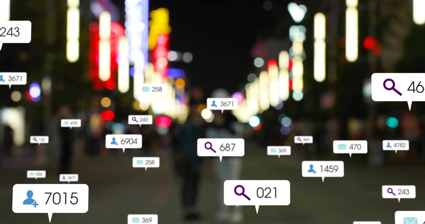 Search label appearing center sparking labels growing around pair walking center, showing attention