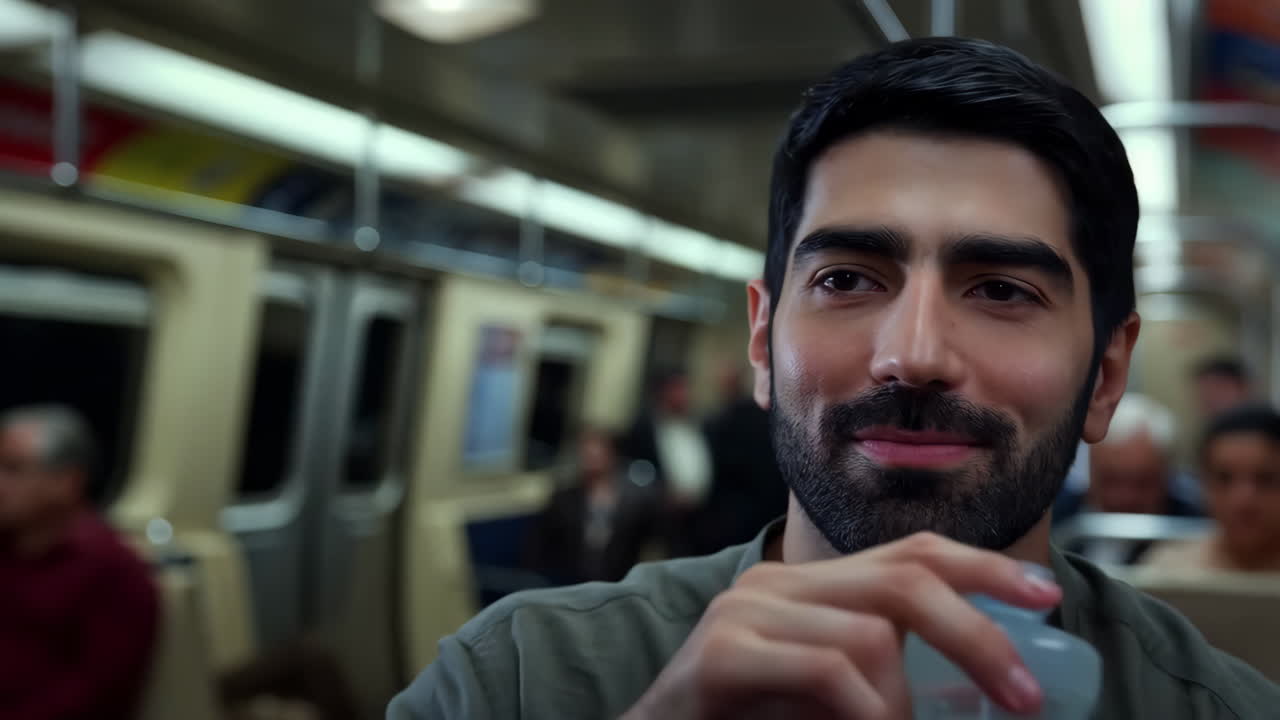Uomo che beve acqua su un treno della metropolitana