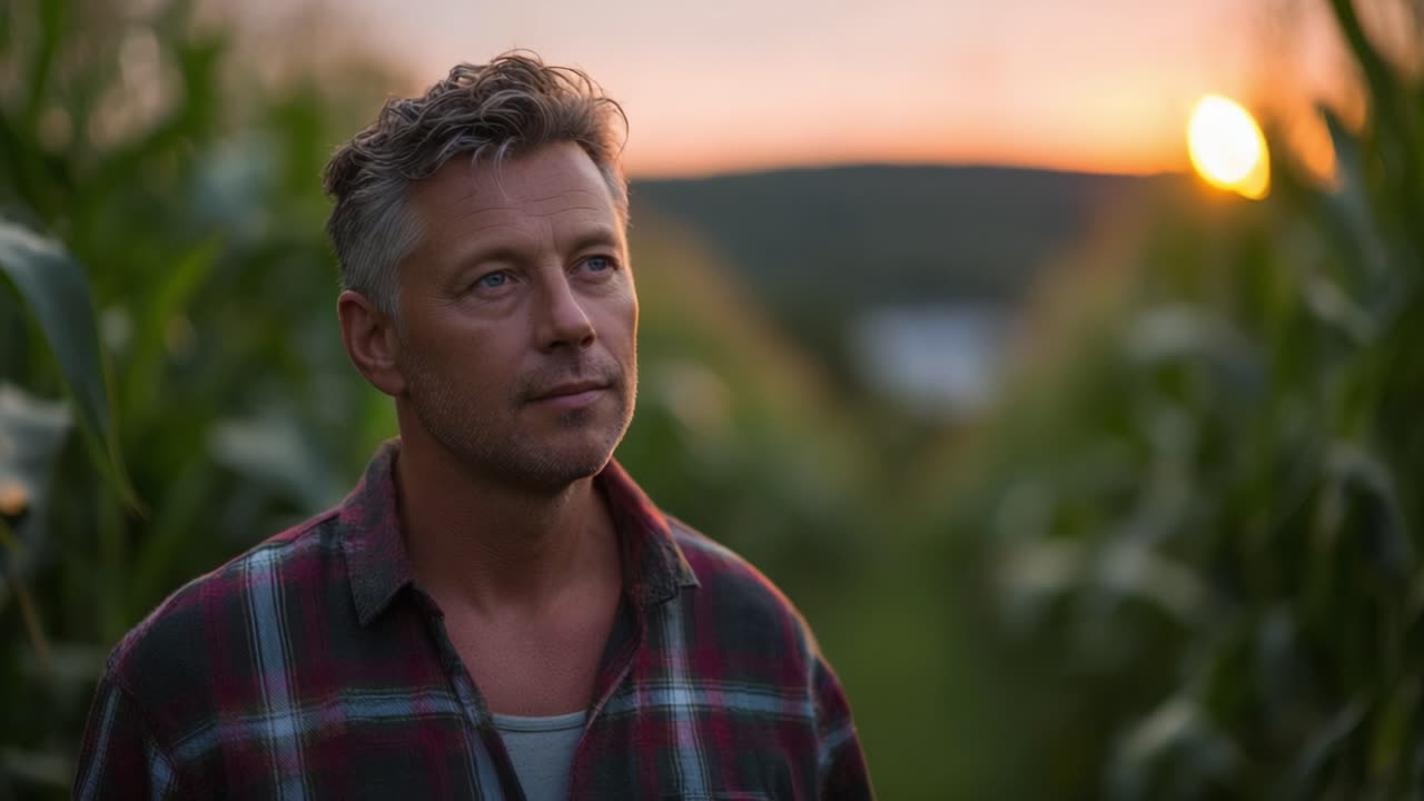 Contemplative Man in a Cornfield at Sunset, Capturing the Beauty of Nature and Reflecting on Life's Moments in a Serene Rural Landscape