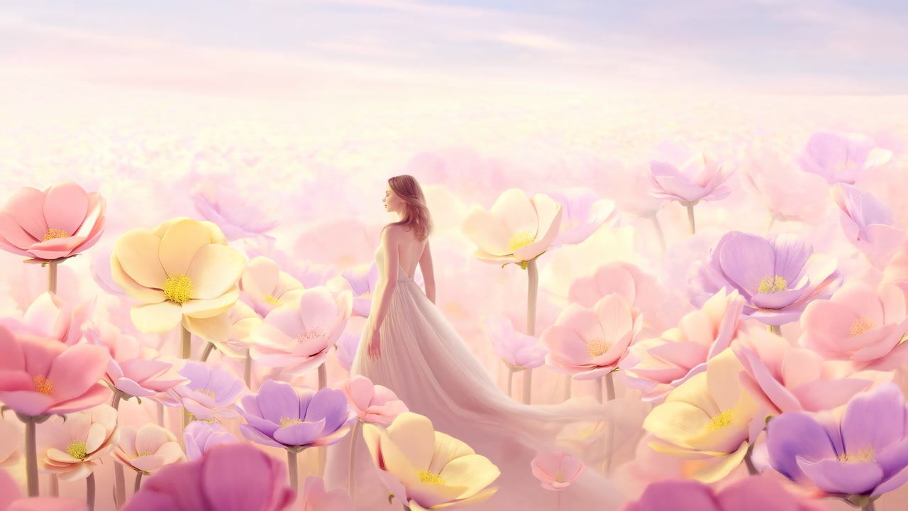 White Woman In Pastel Flower Field Walking Through Endless Sea Of Oversized Blossoms At Sunrise, Wearing
