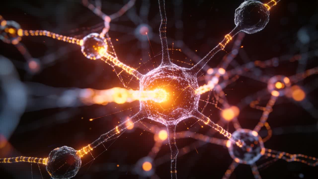 Pulsing neural soma in CGI network taking left orange pulse, sending signal to activate nodes