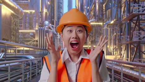 close up of asian female engineer with safety helmet smiling to camera and saying wow while standing at a vast oil refinery