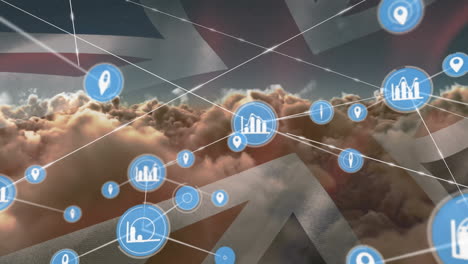 animation of network of connections with icons over flag of great britain and clouds