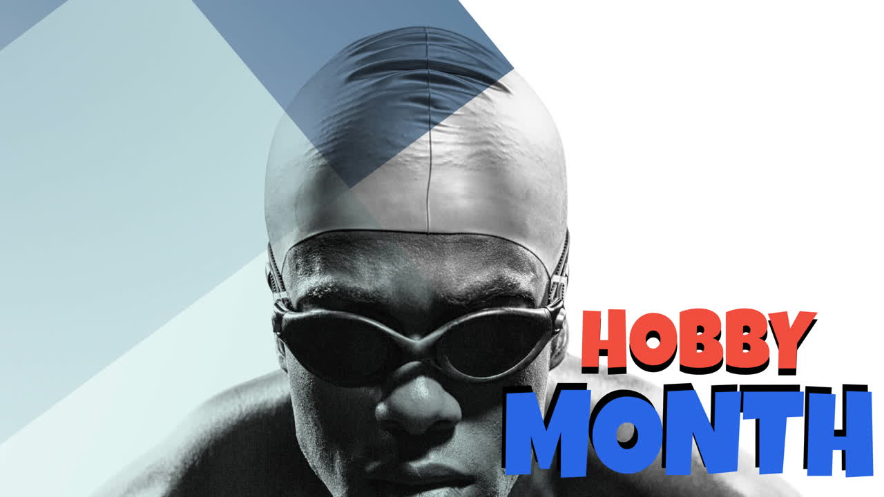 하비 달 텍스트의 애니메이션 빨간색과 파란색 남성 수영 선수가 다이빙을 준비하고 있습니다.