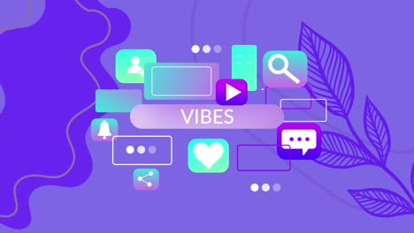 animación de vibraciones texto e iconos con hojas en fondo azul