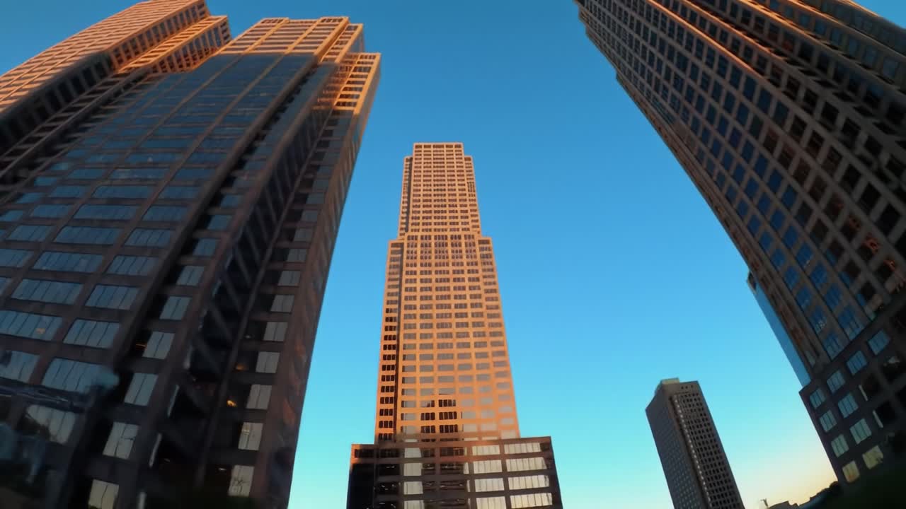 Tall skyscrapers catch the golden hues of sunset in a vibrant downtown location. The warm light creates stunning reflections on the glass facades of the buildings.