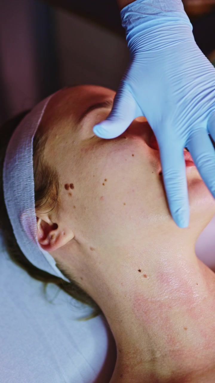 Kvinde modtager en hudplejebehandling i en klinik om dagen med fokus på ansigtspleje og hudplejeteknikker