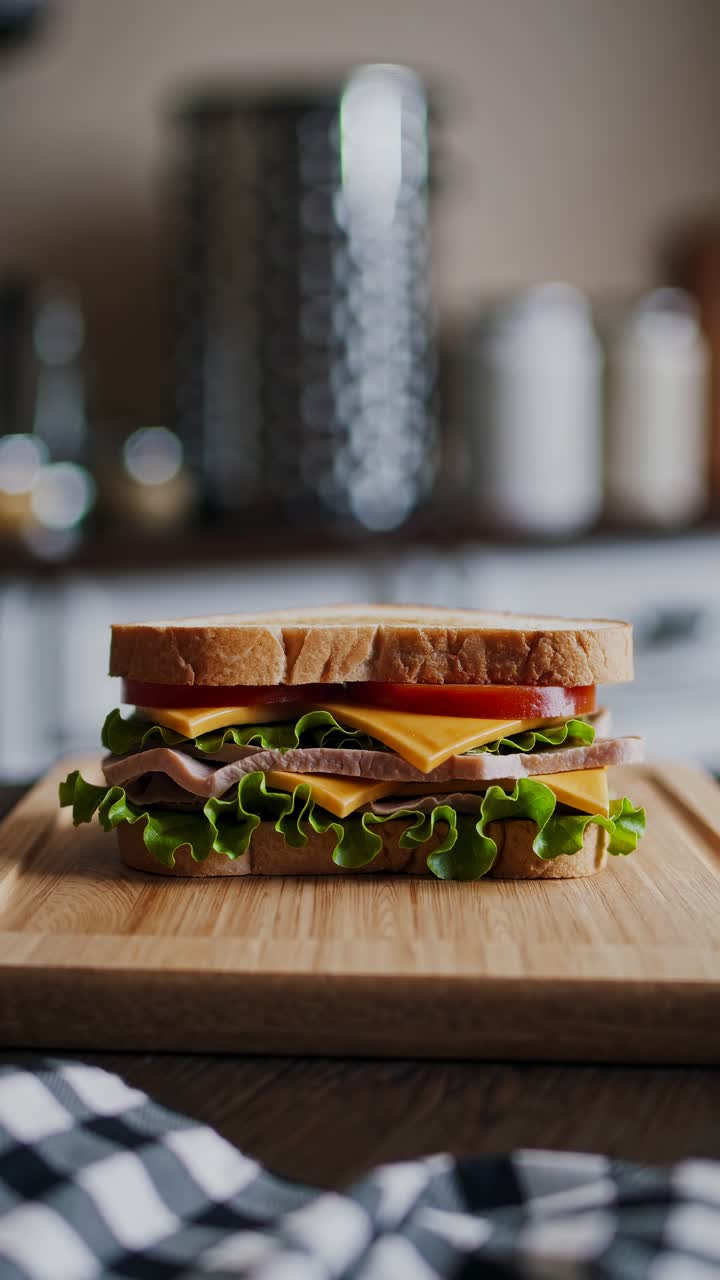 Close-up video of a fresh sandwich on a wooden board, shot at eye level, showcasing layers