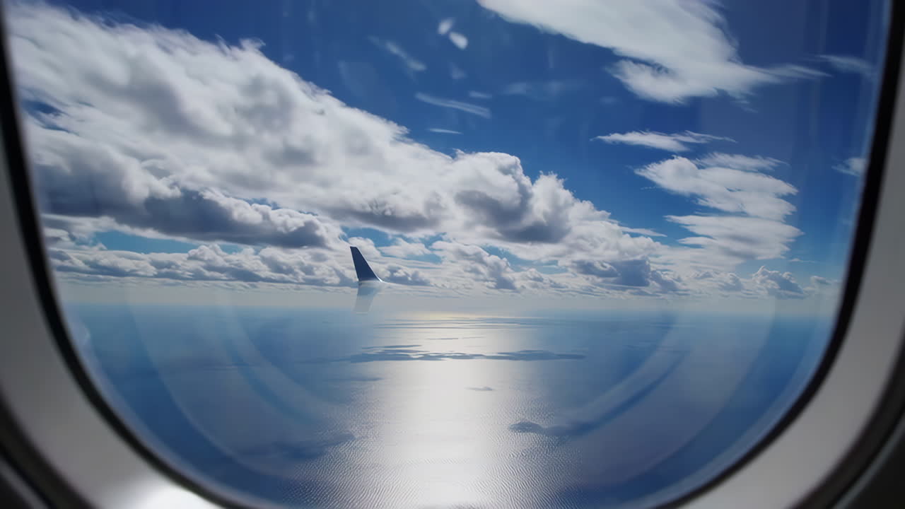 Airplane Window View of Clouds and Ocean