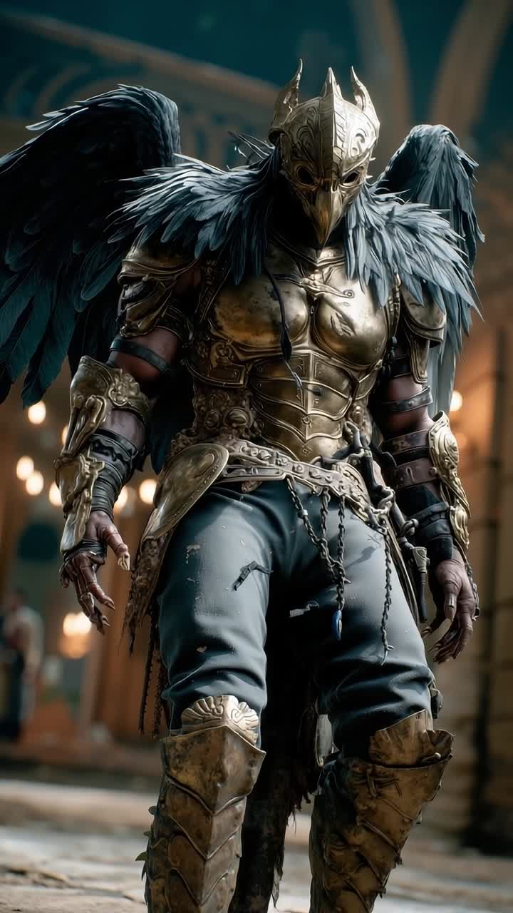 A man dressed as an angel with wings standing in a street