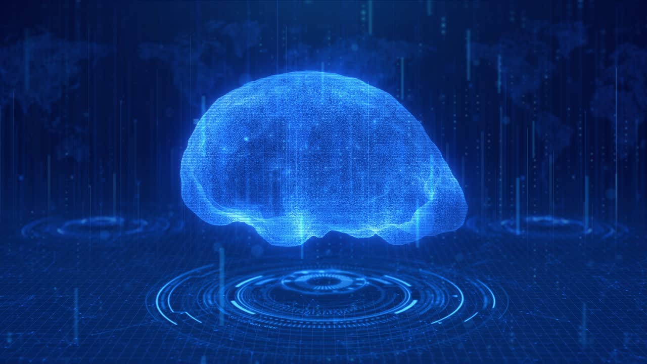 Glitch Brain Animation with Binary Code Rain and Futuristic World Map Background