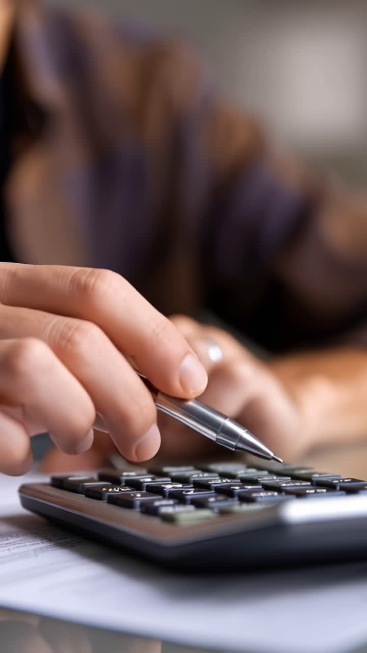 Un Individuo Concentrato che Utilizza una Calcolatrice per Eseguire Calcoli Matematici e Analizzare Dati per Scopi Finanziari o Accademici, Dimostrando Precisione e Concentrazione