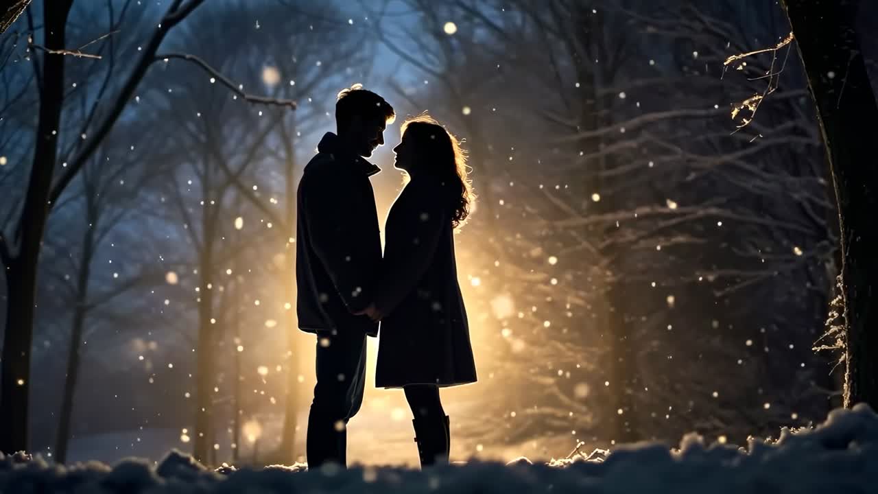 Silhouetted couple standing in snow, backlit by warm light, creating a romantic, cinematic video