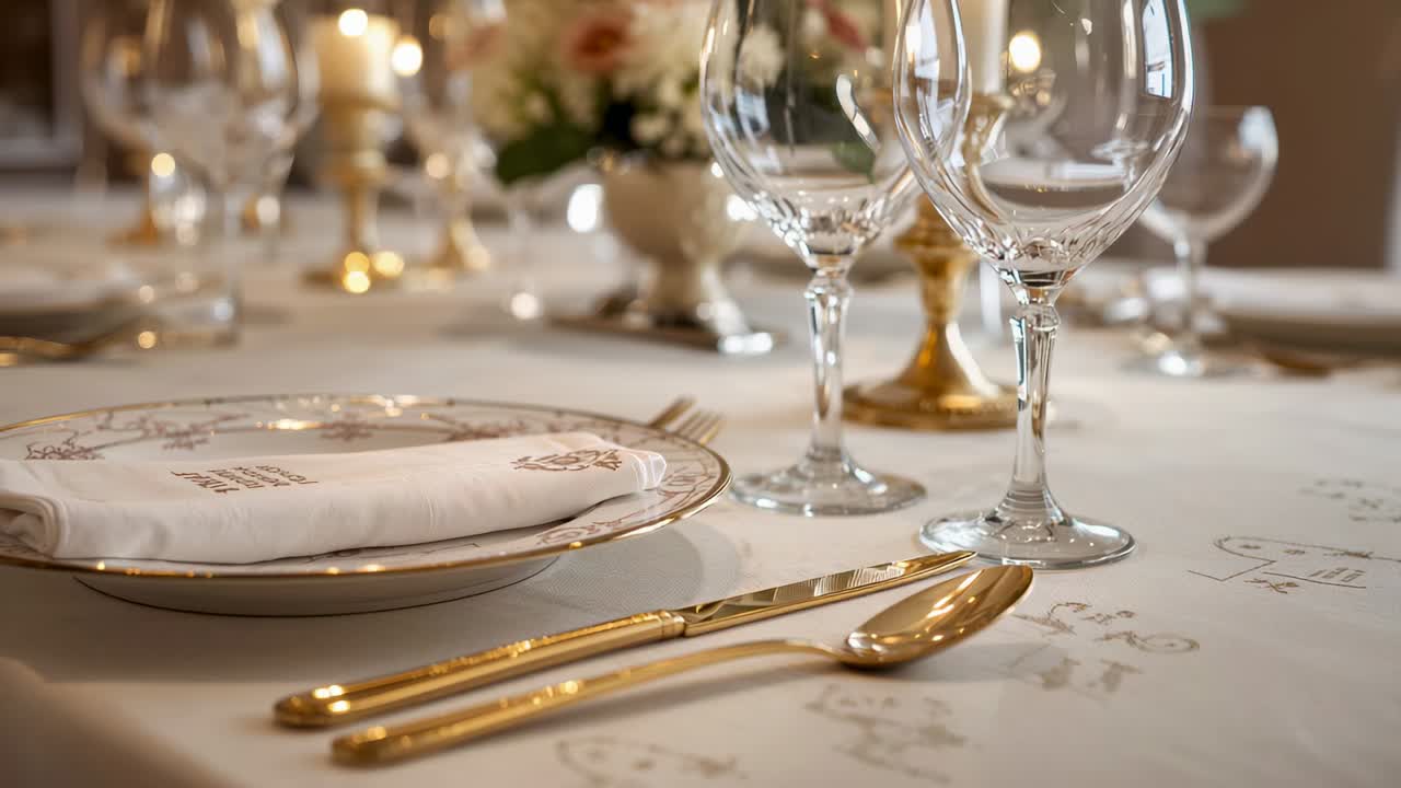 Shifting camera panning at table showing rimmed plate, gold cutlery, wine glass to show detail
