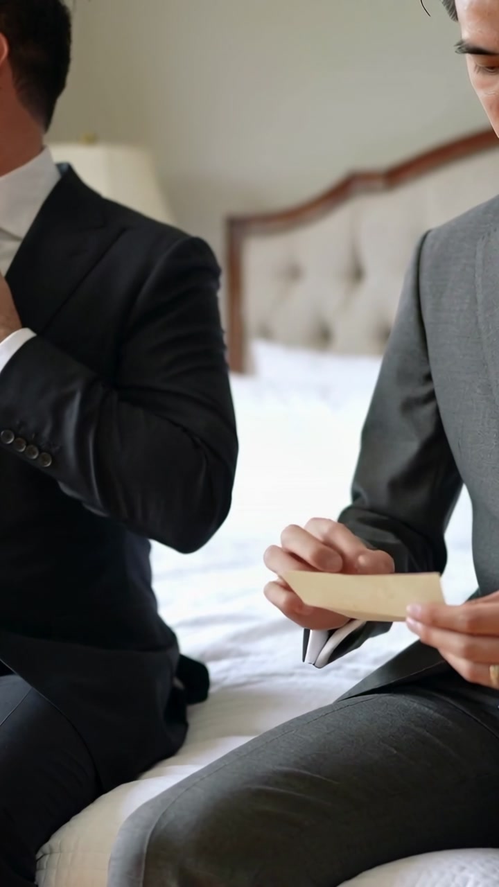 Vertical video: Adjusting ties, two men getting ready for wedding while one reading card in bedroom