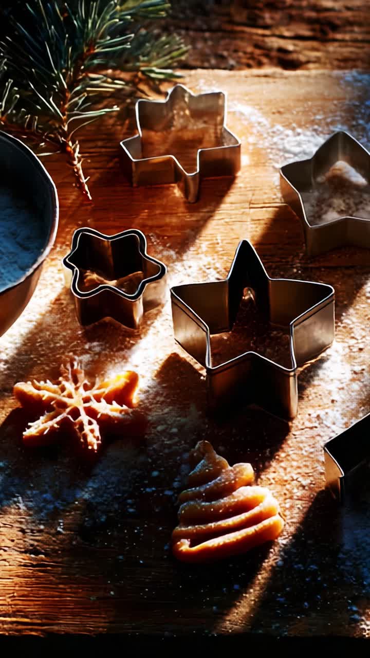 Backfreuden: Weihnachtsplätzchen-Ausstecher inmitten von Mehl und Zucker auf einer rustikalen Holzoberfläche mit festlichen saisonalen Deko-Akzenten, die eine gemütliche Atmosphäre schaffen