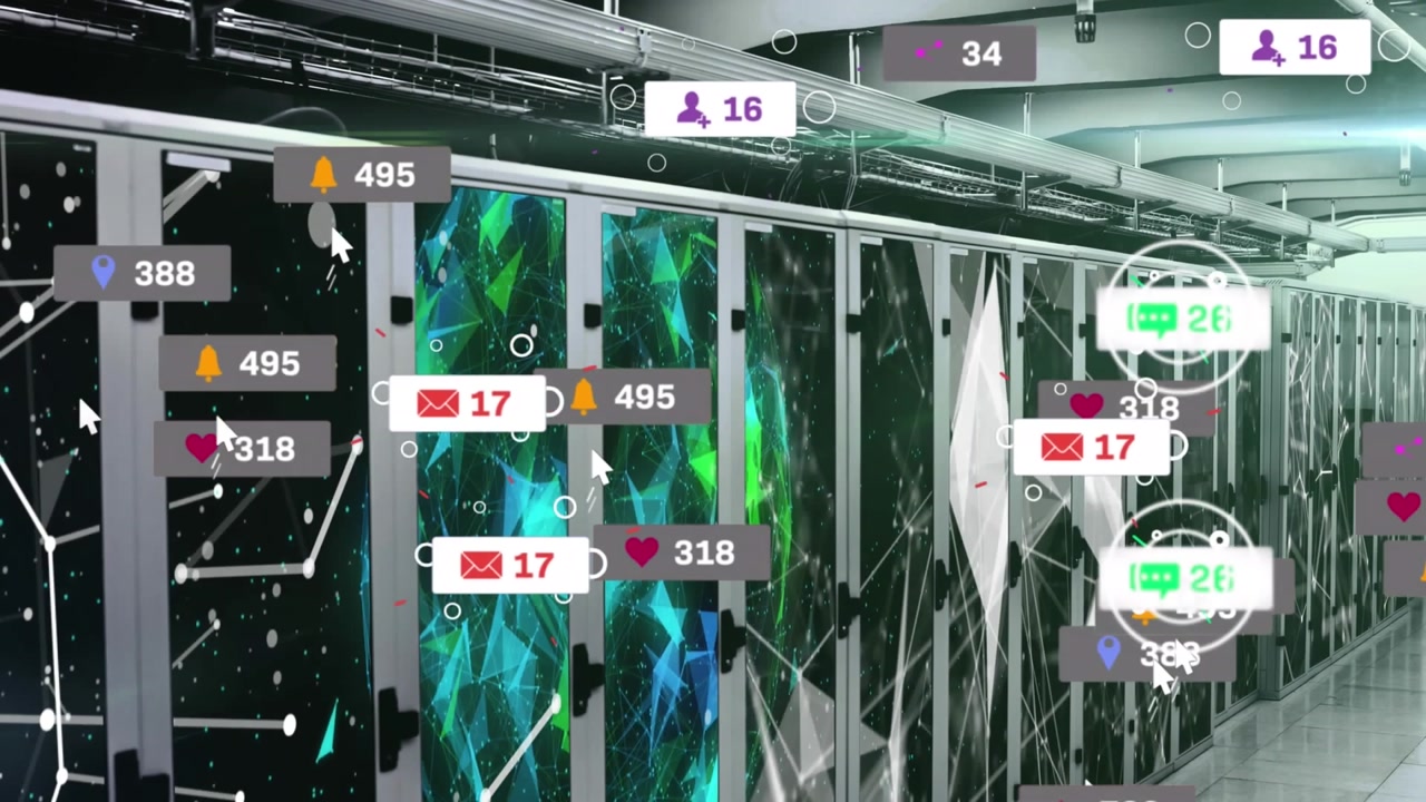 Animation of social media icons and plexus networks against computer server room