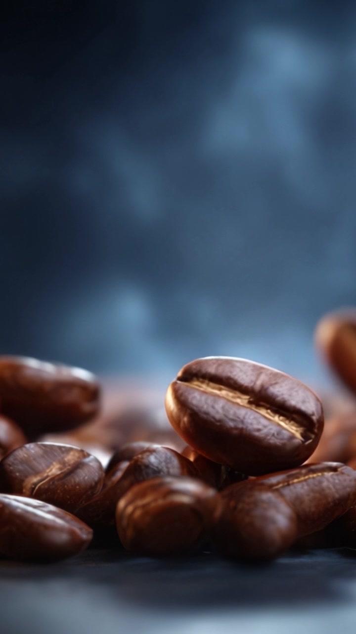 Fængslende nærbillede af svævende kaffebønner mod en røget baggrund, der fremhæver deres rige farve og tekstur i en dynamisk komposition