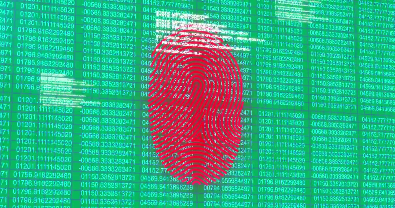 Animation of glowing red fingerprint flickering over data processing on blue background