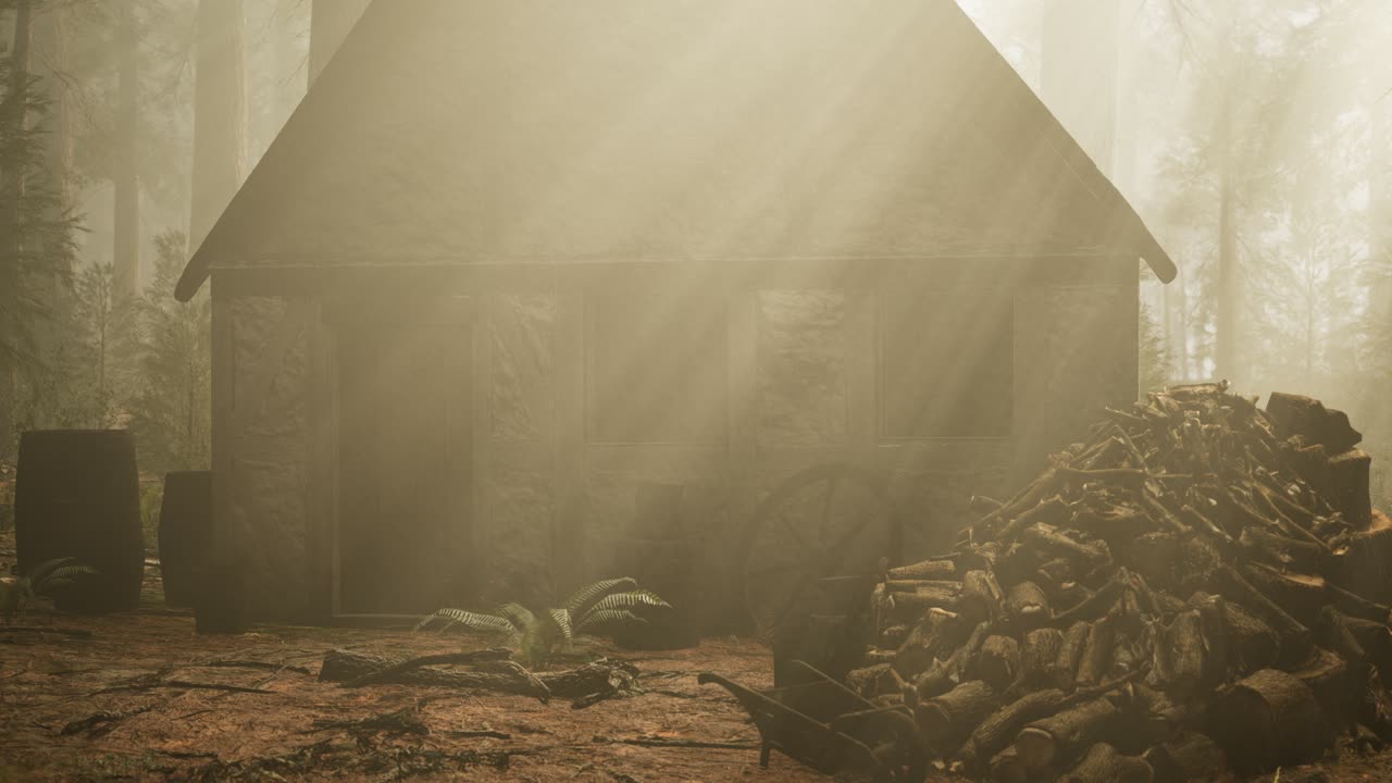 가을의 숲에 있는 오래된 나무 집