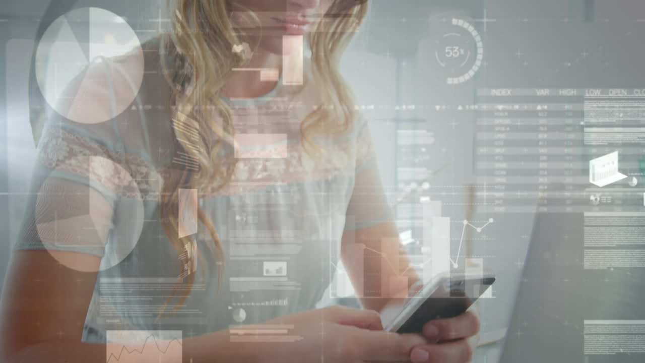 animación de estadísticas y procesamiento de datos sobre mujeres de negocios que usan teléfonos inteligentes