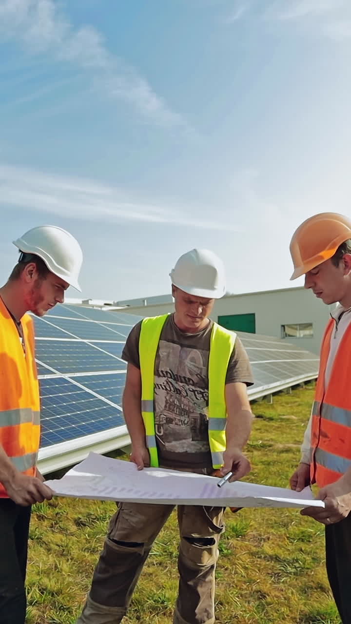 Engineers of solar power station. Male worker solar power plant with project on a background of photovoltaic panels