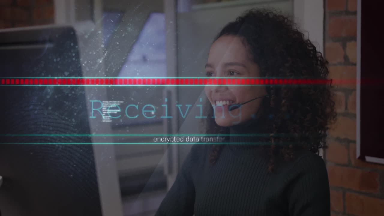 Animation of data processing over african american businesswoman using phone headset