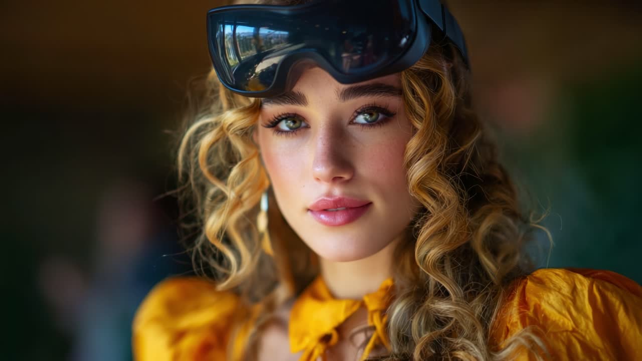 Un ritratto accattivante di una giovane donna con capelli ricci e occhiali da sole alla moda, che irradia fascino e sicurezza in un outfit dai colori vivaci