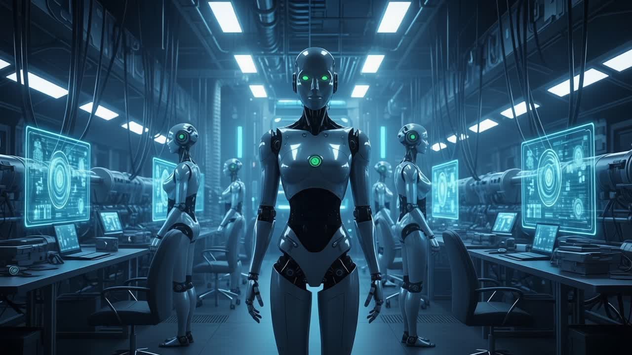 Futuristic Robots in a High-Tech Laboratory: A Glimpse of Advanced Robotics and Artificial Intelligence Interacting with Dynamic Interfaces in an Innovative Environment