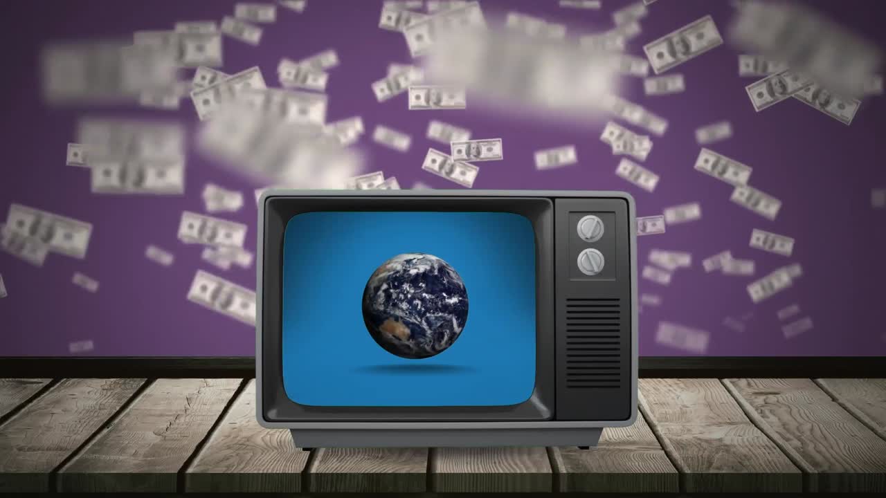 televisión con un globo y billetes de dólar