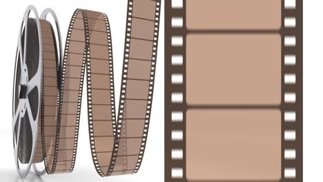 película y cinta de película rodando en la pantalla con bobina de cine en el blanco