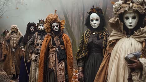 a group of people dressed up in costumes and masks in the woods