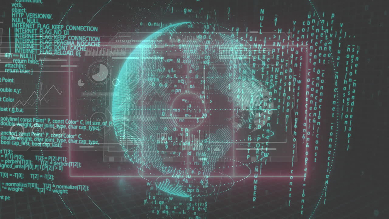 Floating binary code and programming text around digital globe in animation